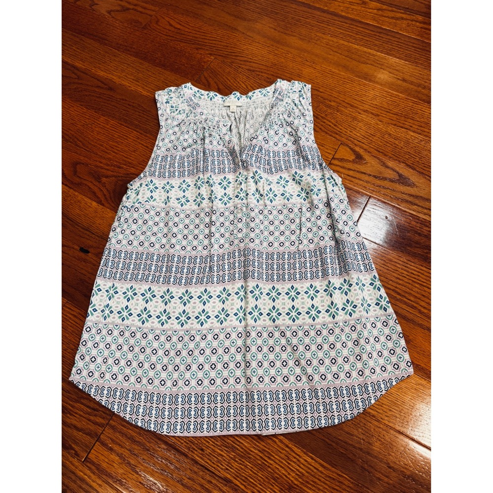 Talbots Womens Medium Geometric Tile Print Sleeveless Smocked Blouse Cottagecore